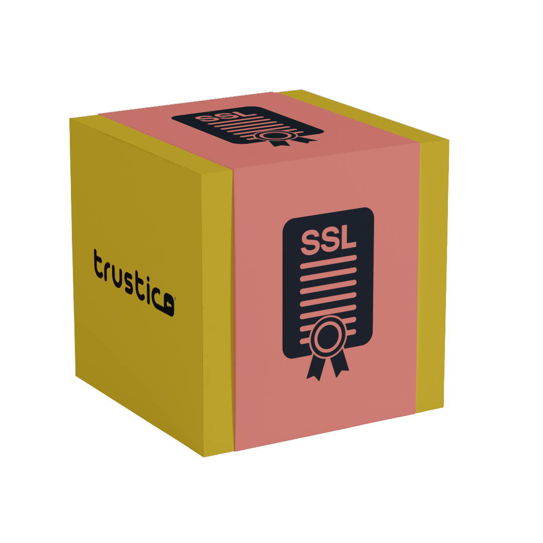 A yellow cube with a pink top and front shows a certificate labeled "Trustico® DV + Multi Domain - Additional SAN" by Trustico CA, featuring a ribbon icon. The side reads "trustico," highlighting Subject Alternative Name support.