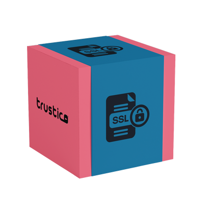 A 3D cube with pink and blue sides displays "trustic" and an SSL document with a padlock, symbolizing domain security by Sectigo CA’s Sectigo® DV + Multi Domain - Additional SAN certificate.