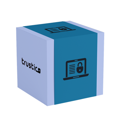A blue and white cube features a laptop with a padlock, representing digital security via Sectigo® EV + Multi Domain - Additional SAN from Sectigo CA. Another side shows "trustica" with a padlock as the “a,” highlighting advanced SSL protection.