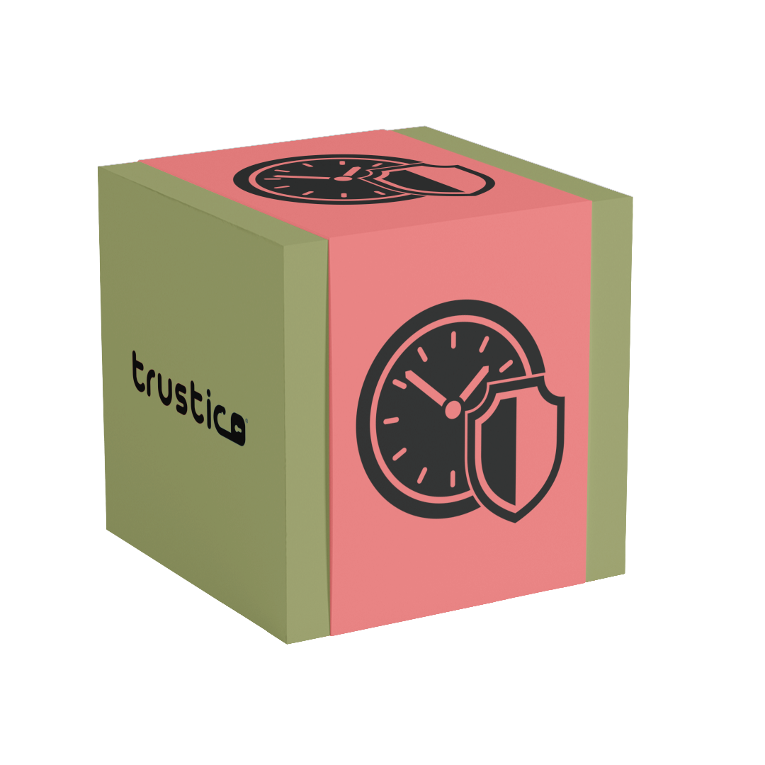 A 3D cube with olive green and pink faces displays a clock, shield, and the word "Trustico®," symbolizing website security and reliability—perfect for representing Trustico CA’s Trustico® DV + Multi Domain SSL Certificate.